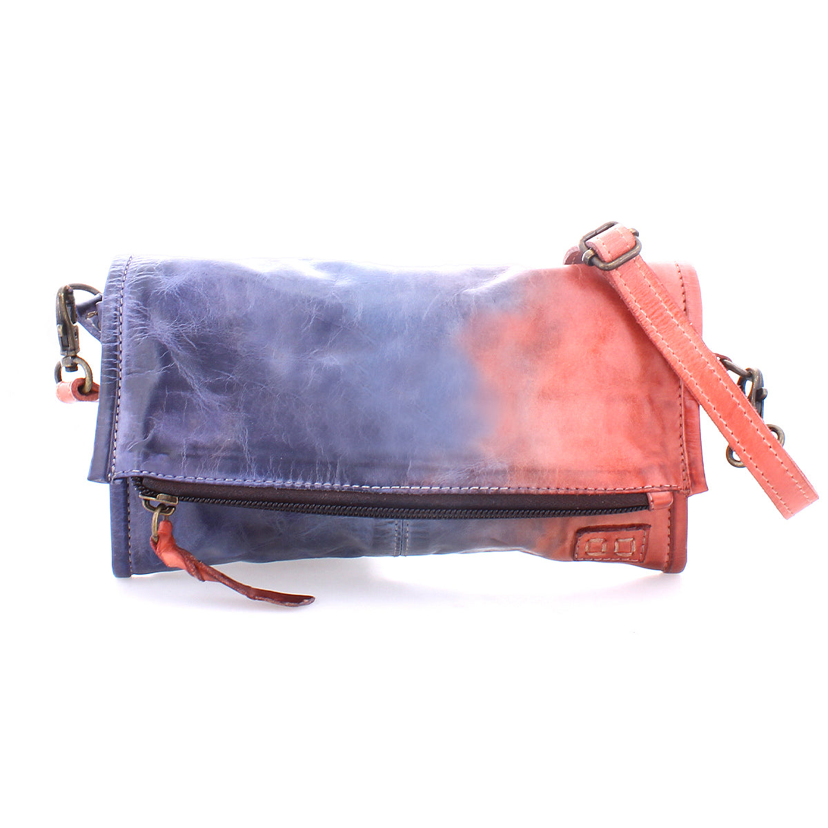 A Amina leather crossbody clutch transitioning from blue to red, with a magnetic flap and adjustable strap, isolated on a white background by Bed Stu.