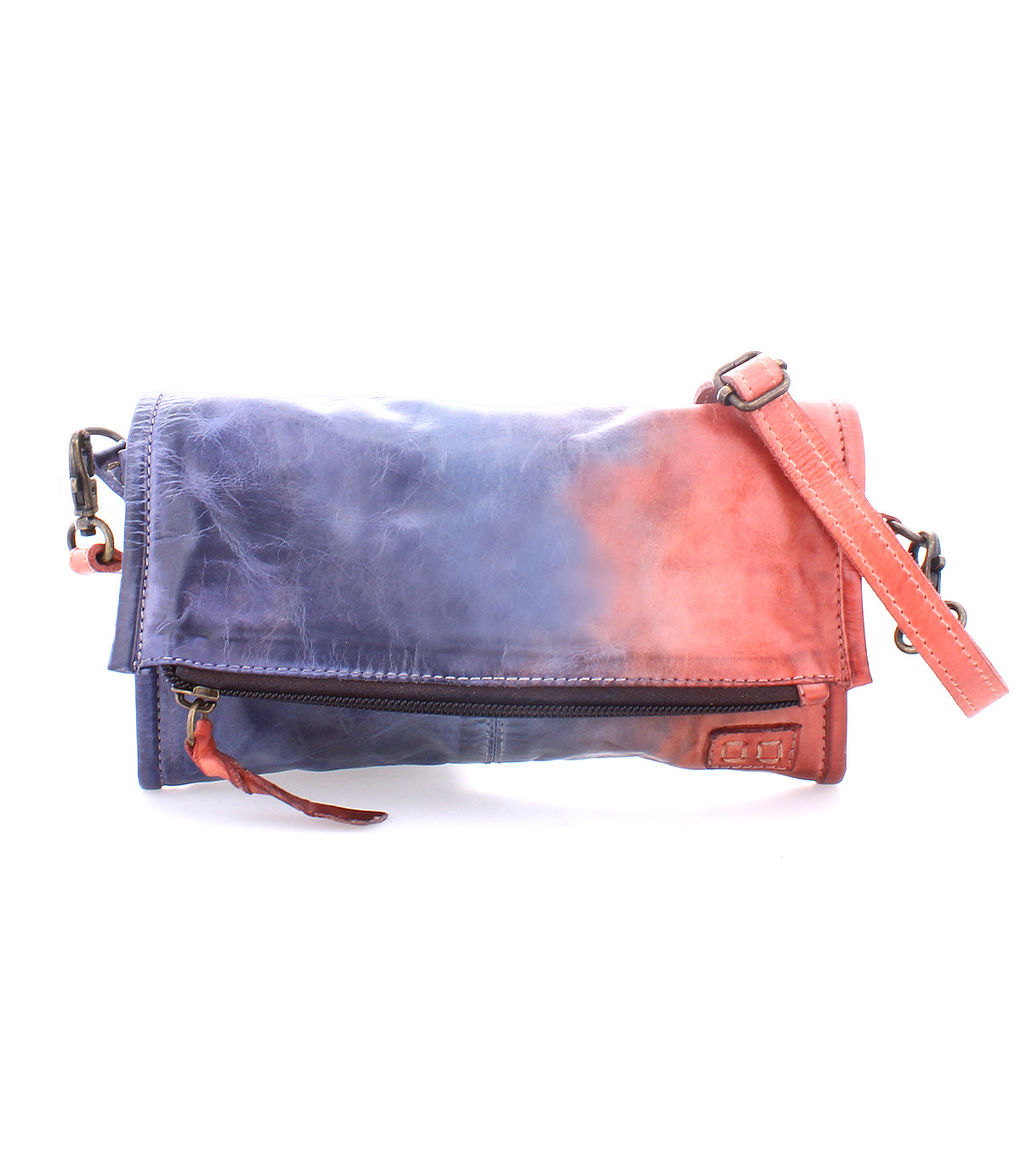 A Amina leather crossbody clutch transitioning from blue to red, with a magnetic flap and adjustable strap, isolated on a white background by Bed Stu.