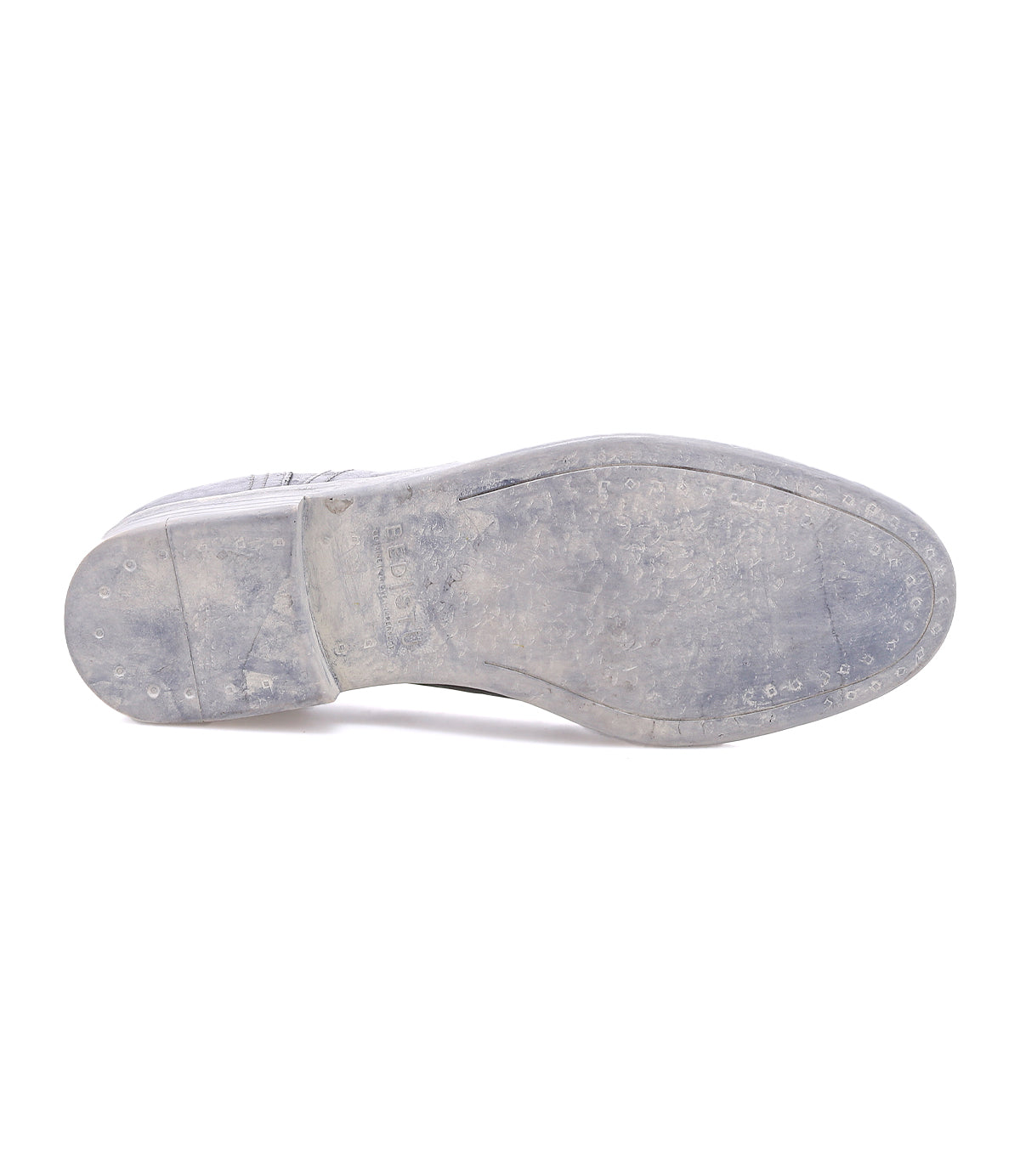 The image displays the worn-out sole of a single Bed Stu Anchiano oxford shoe, photographed from below, with visible scuff marks and a faded tread pattern on its previously flexible sole.