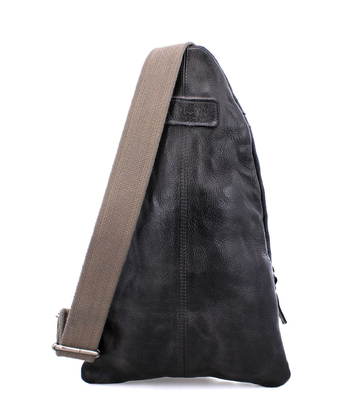 Side view of the Andie shoulder bag by Bed Stu, featuring black leather paired with a beige adjustable strap, embodying a blend of fashion and function as a versatile dual-gender accessory.