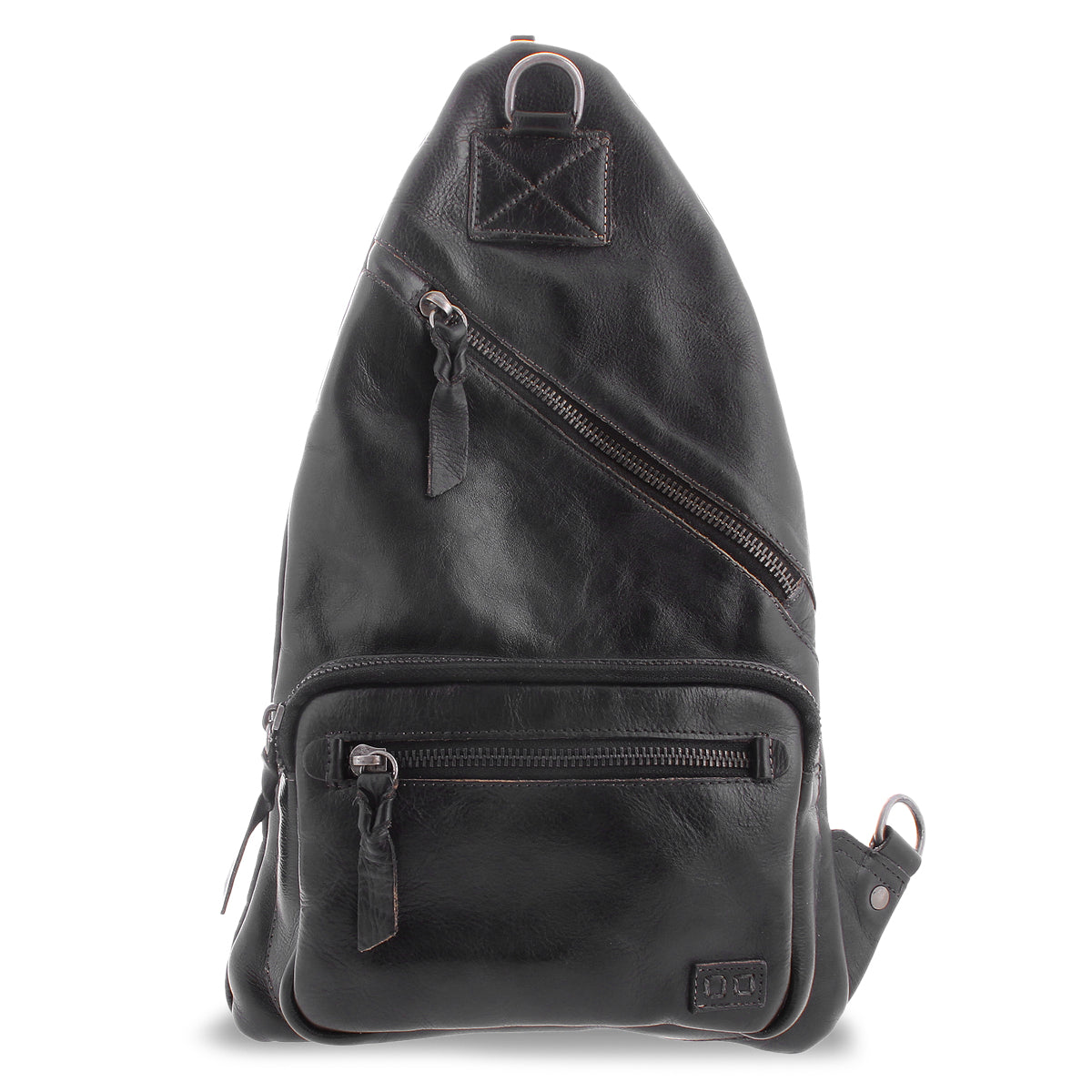 A black leather sling backpack with multiple zippers and a small loop at the top. This versatile accessory, Andie by Bed Stu, features a rectangular patch at the lower right corner, effortlessly blending practical fashion with style.