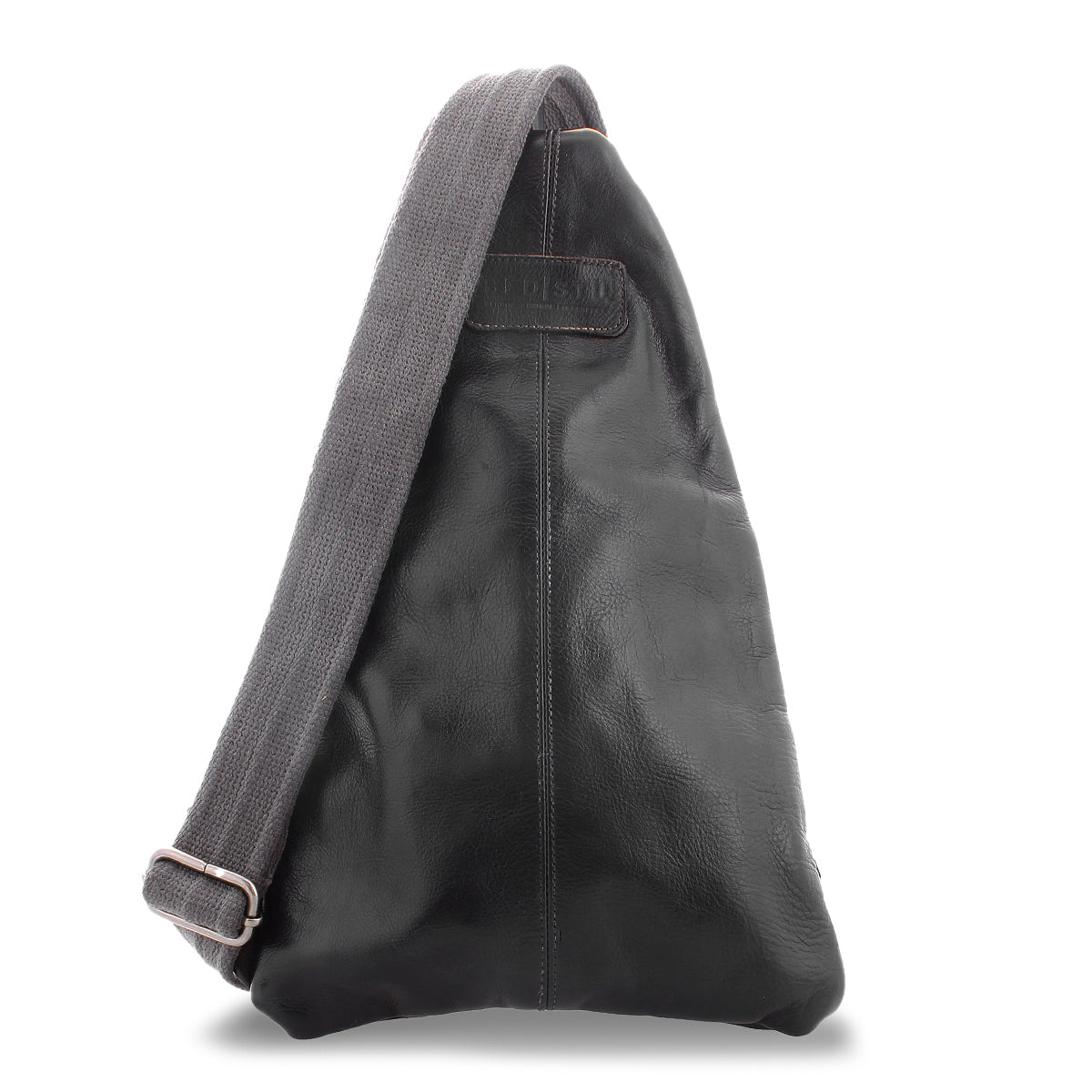 A black leather sling bag with a wide gray strap, lying against a plain white background, exemplifies practical fashion. The Andie by Bed Stu seamlessly blends style and functionality.