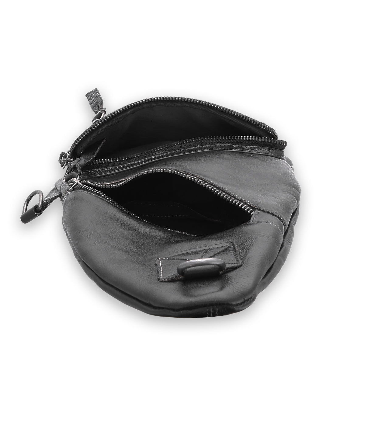 An open black leather Bed Stu Andie with multiple compartments and zippers, shown from a top angle, makes for a versatile accessory that blends practicality and style effortlessly.