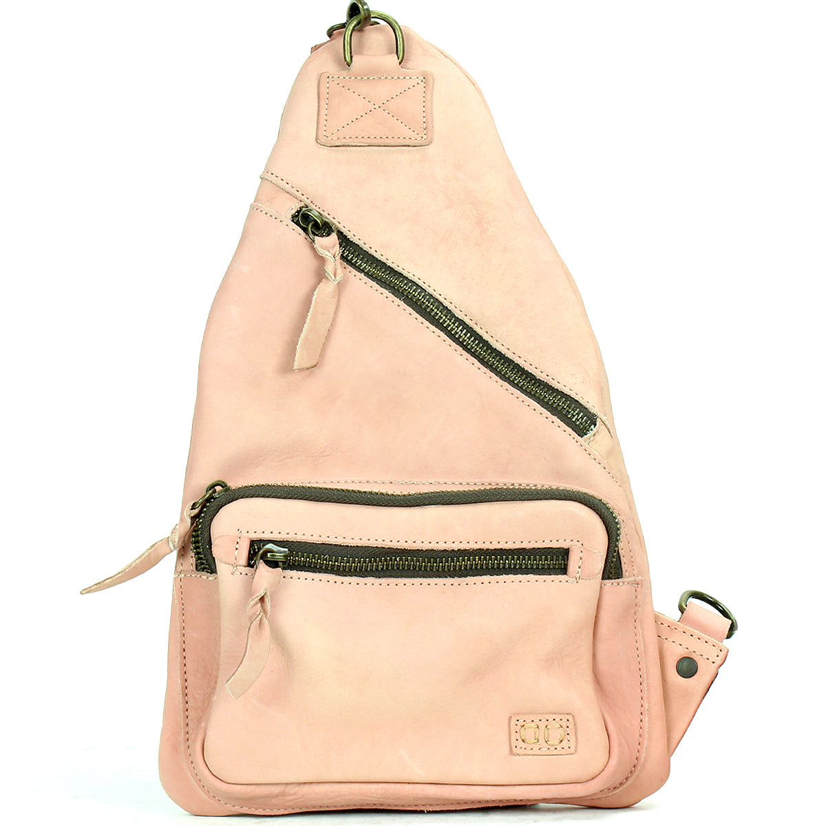 The Andie by Bed Stu is a beige leather crossbody sling bag with multiple zippered compartments and an adjustable strap, offering practicality for any occasion.
