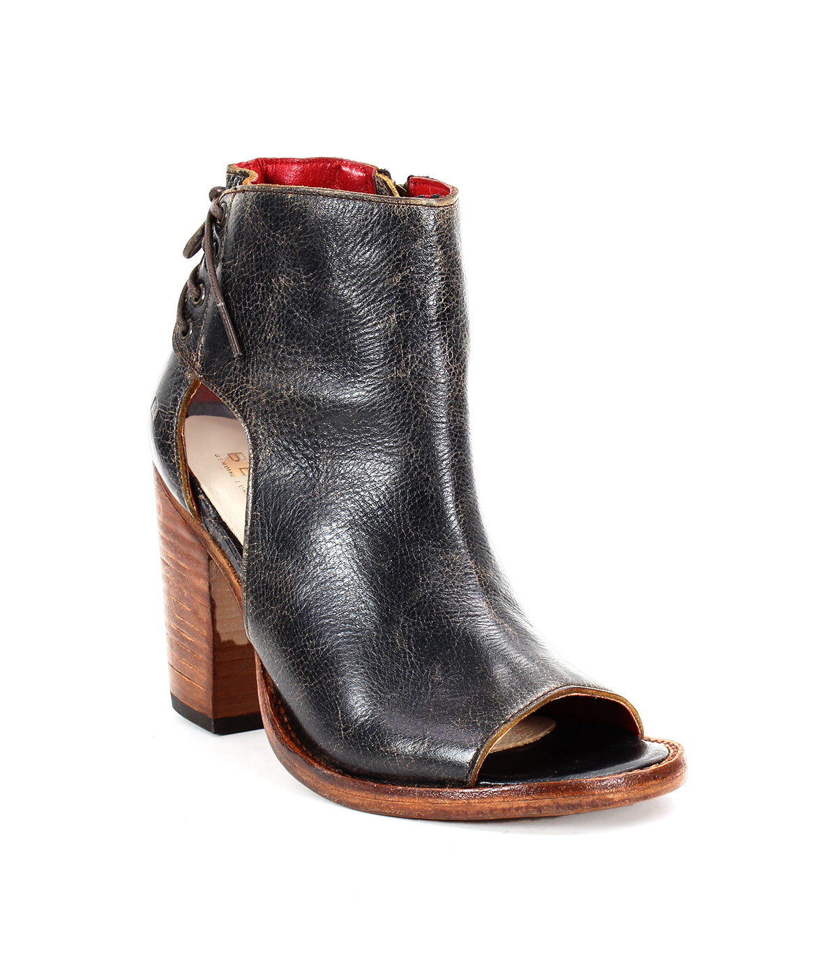 A women's black leather ankle boot with elegant back lacing and a wooden heel, the Angelique II by Bed Stu.