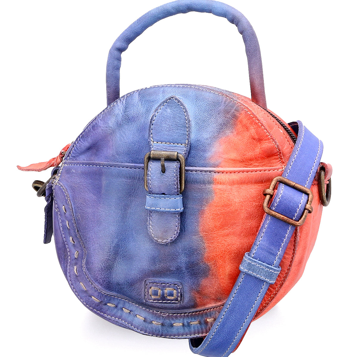 Bed Stu multicolored round compact crossbody bag with adjustable crossbody strap and buckle closure.