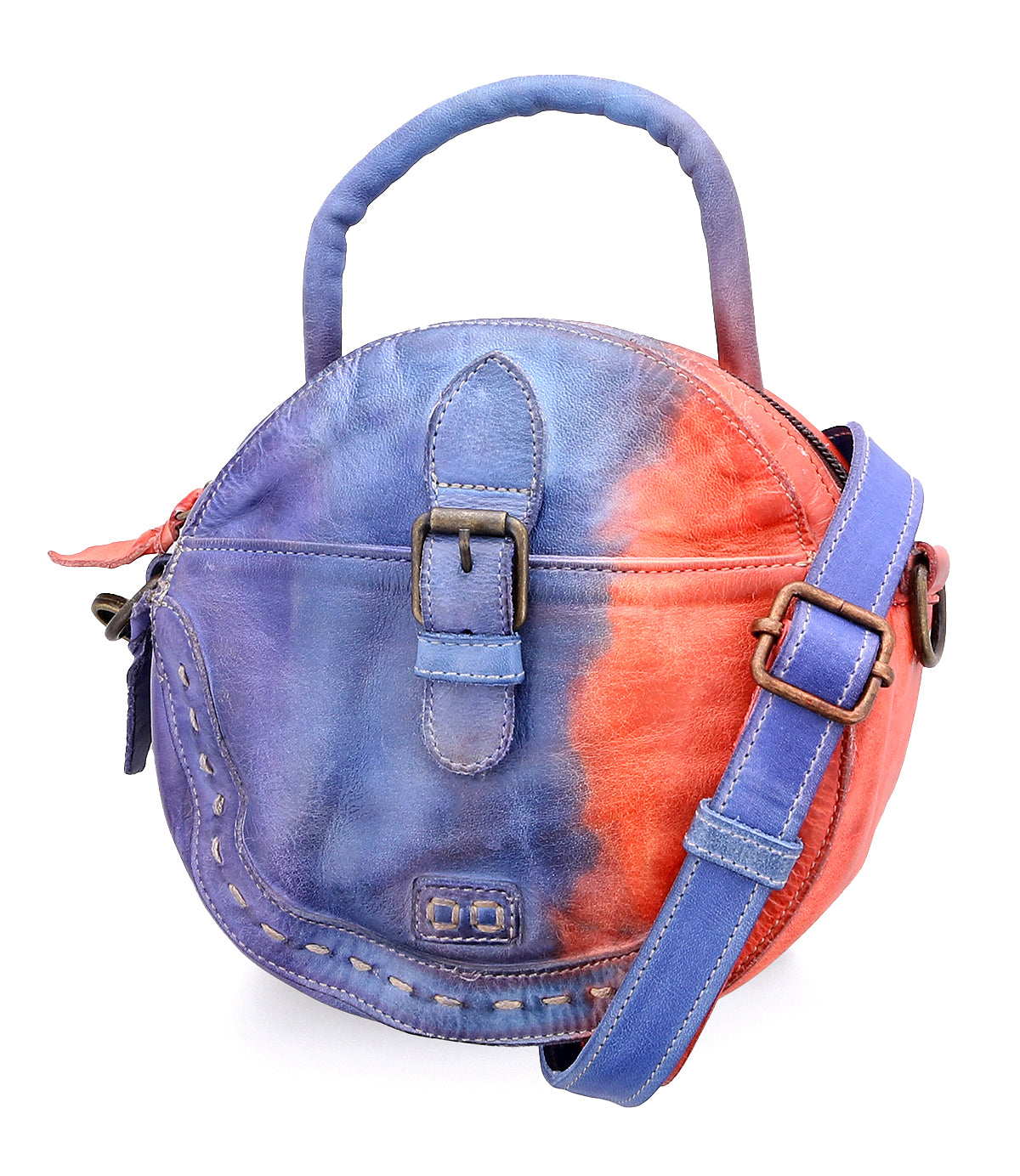 Bed Stu multicolored round compact crossbody bag with adjustable crossbody strap and buckle closure.