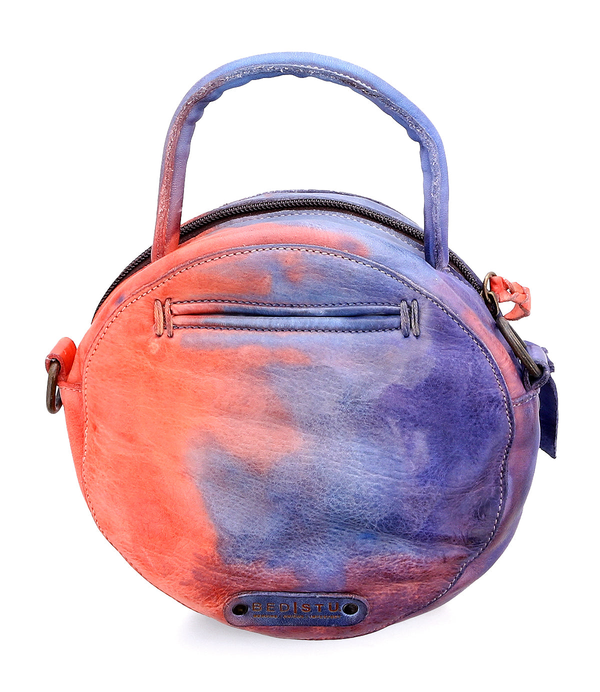 Colorful round leather Bed Stu Arenfield crossbody handbag with dual zippers and a detachable strap on a white background.