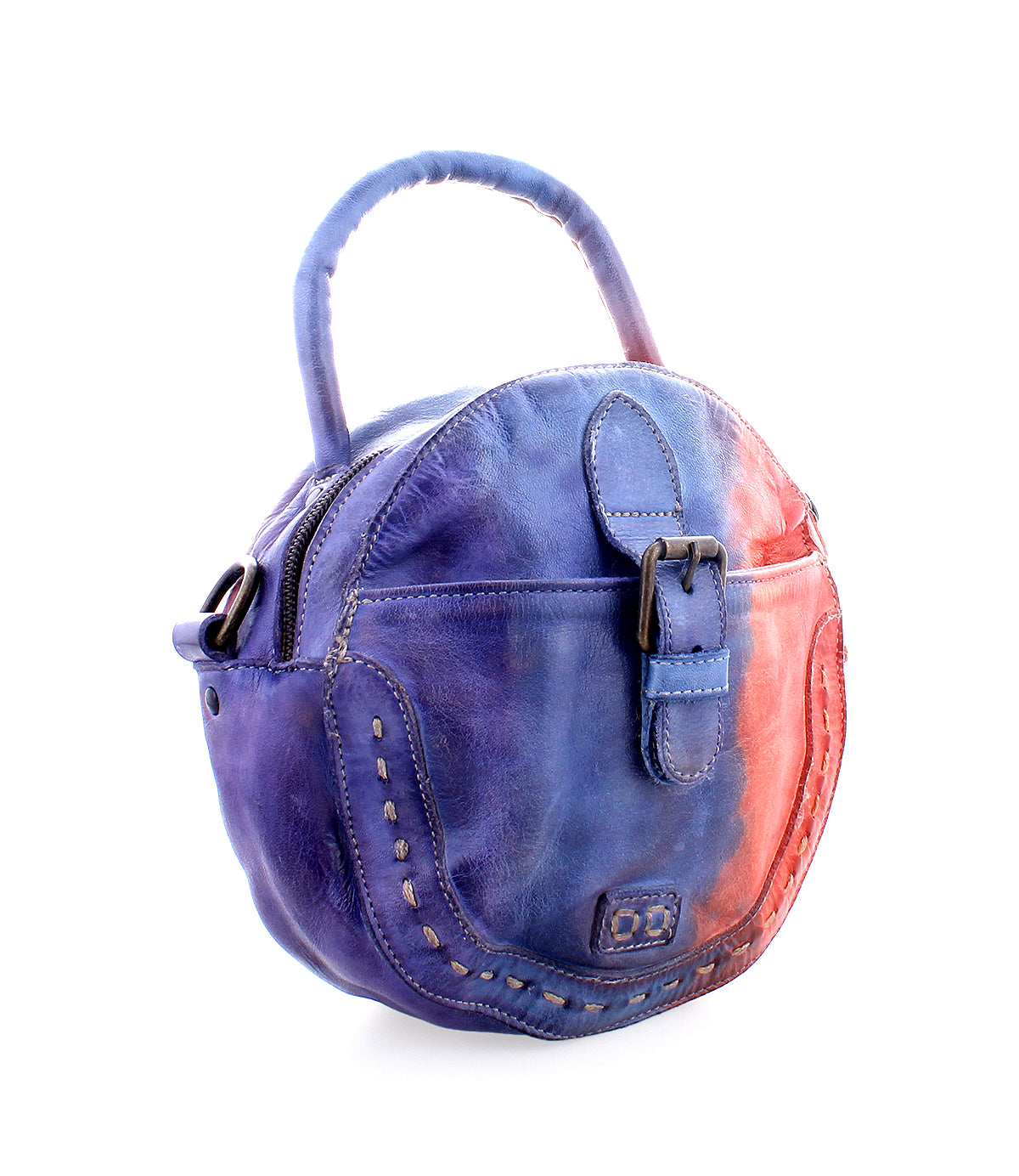 Circular blue and purple leather Bed Stu compact round crossbody handbag with stitching details, isolated on a white background.