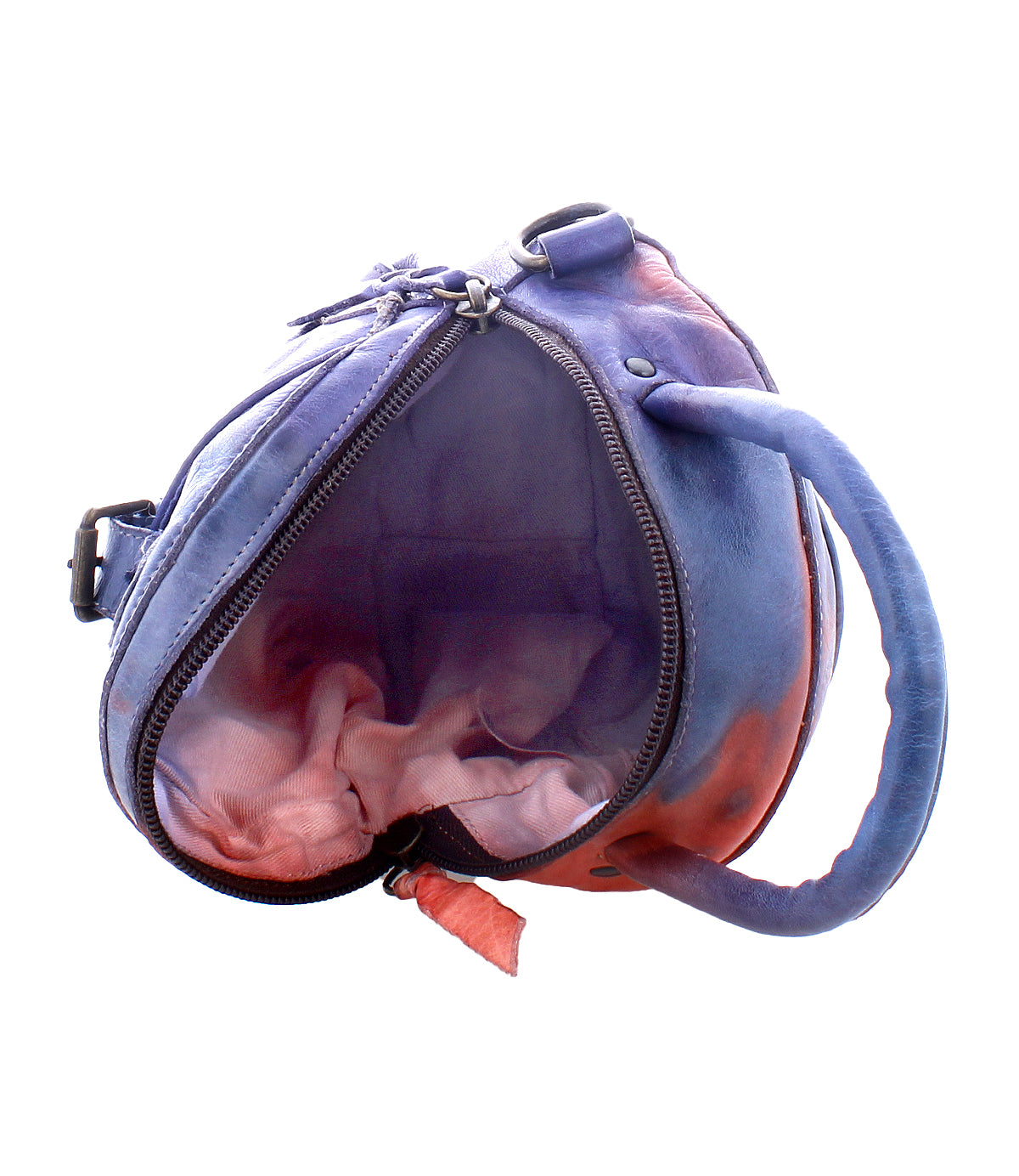 A leather Bed Stu Arenfield crossbody bag with an open zipper displaying an empty interior.