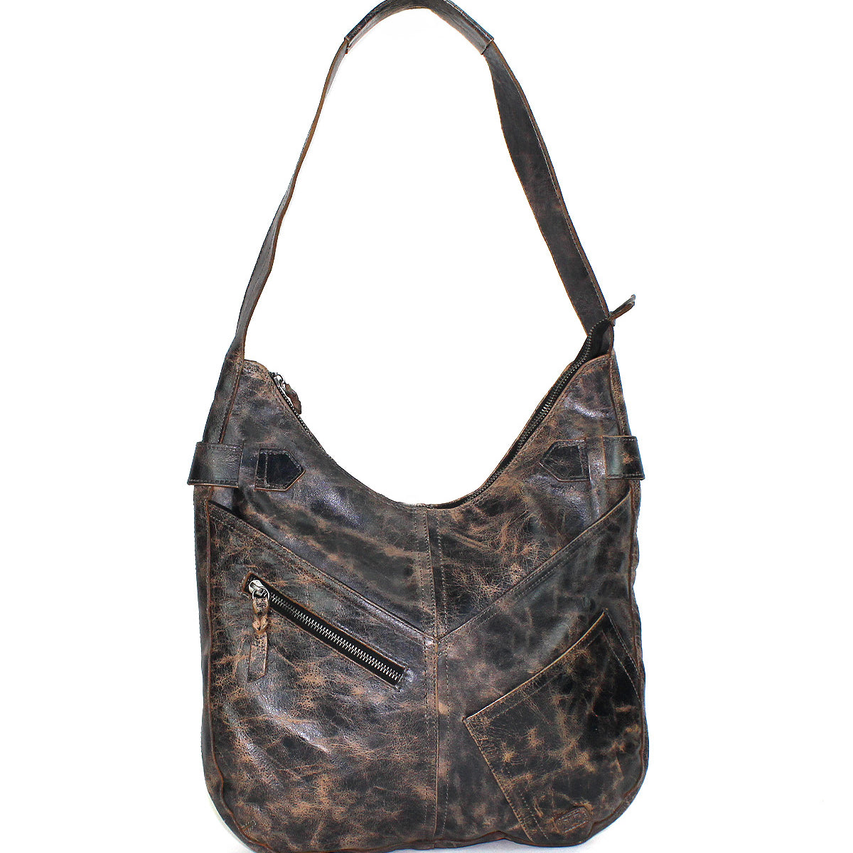 The Bed Stu Argus is a brown handcrafted leather shoulder bag featuring a single strap, oversized front pockets, a zipper pocket, and diagonal seam accents on the front.