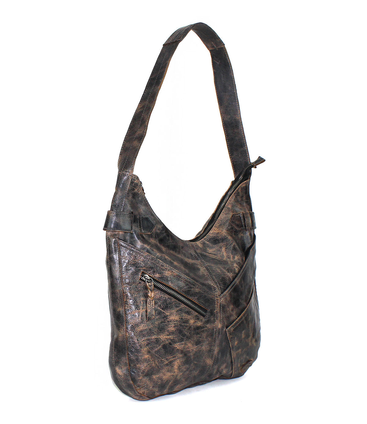 The Bed Stu Argus is a distressed brown handcrafted leather shoulder bag featuring a wide strap, front zippered pocket, and two exterior slip pockets.