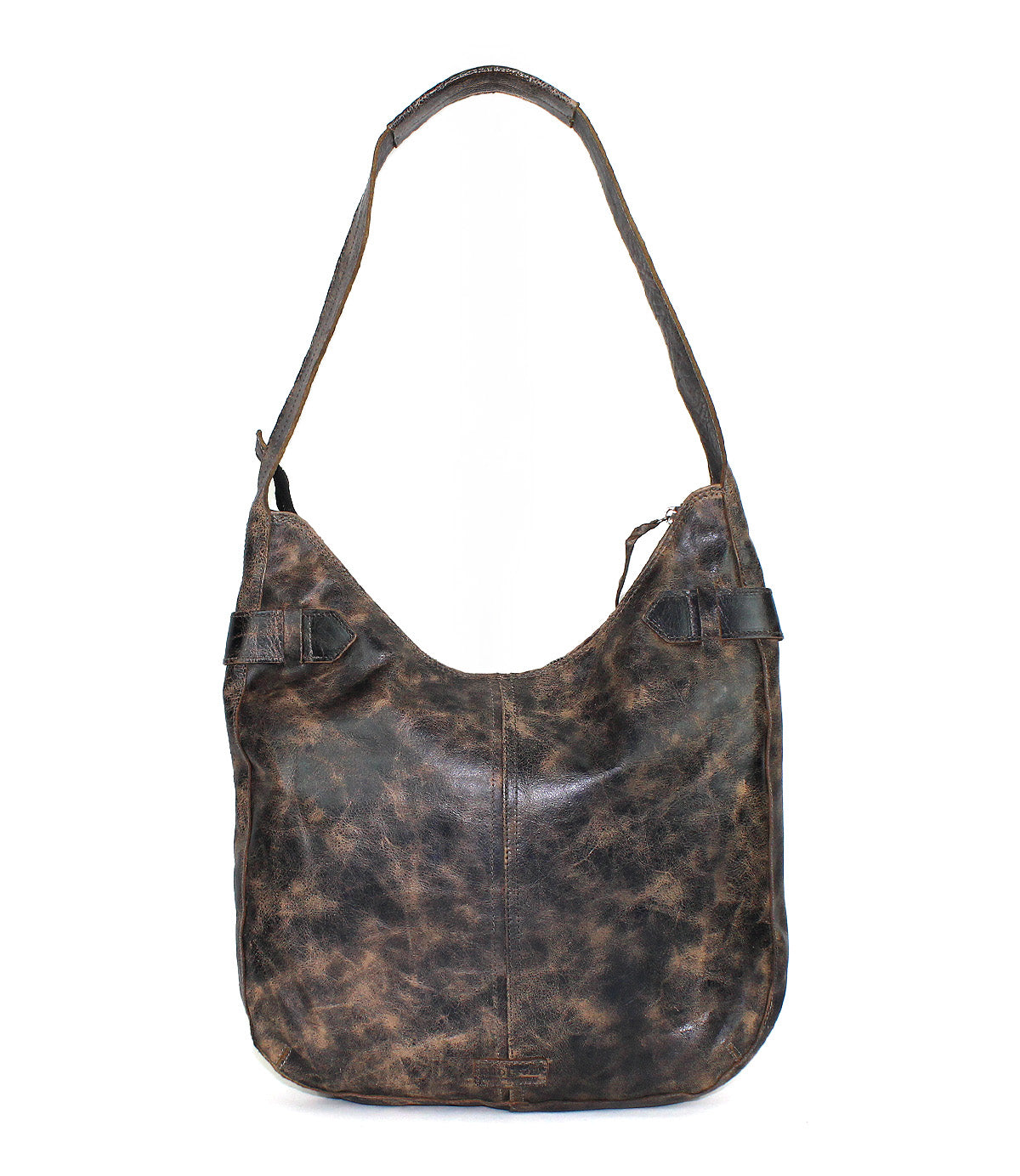 The Bed Stu Argus is a large, handcrafted distressed brown leather shoulder bag with a wide strap, visible stitching, and oversized front pockets for style and practicality.