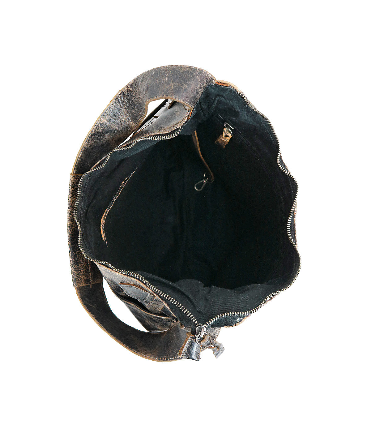 Top view of the Bed Stu Argus: an open handcrafted leather shoulder bag featuring a main compartment, zippered pocket, large front pockets, and an interior key clip.