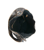 Top view of the Bed Stu Argus: an open handcrafted leather shoulder bag featuring a main compartment, zippered pocket, large front pockets, and an interior key clip.