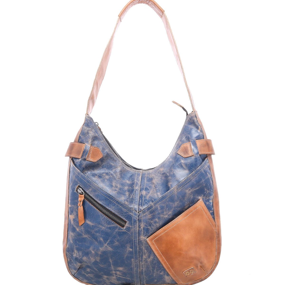 The Bed Stu Argus is a blue and brown handcrafted leather shoulder bag with a spacious main compartment, oversized front pockets, and zipper detail, shown on a white background.