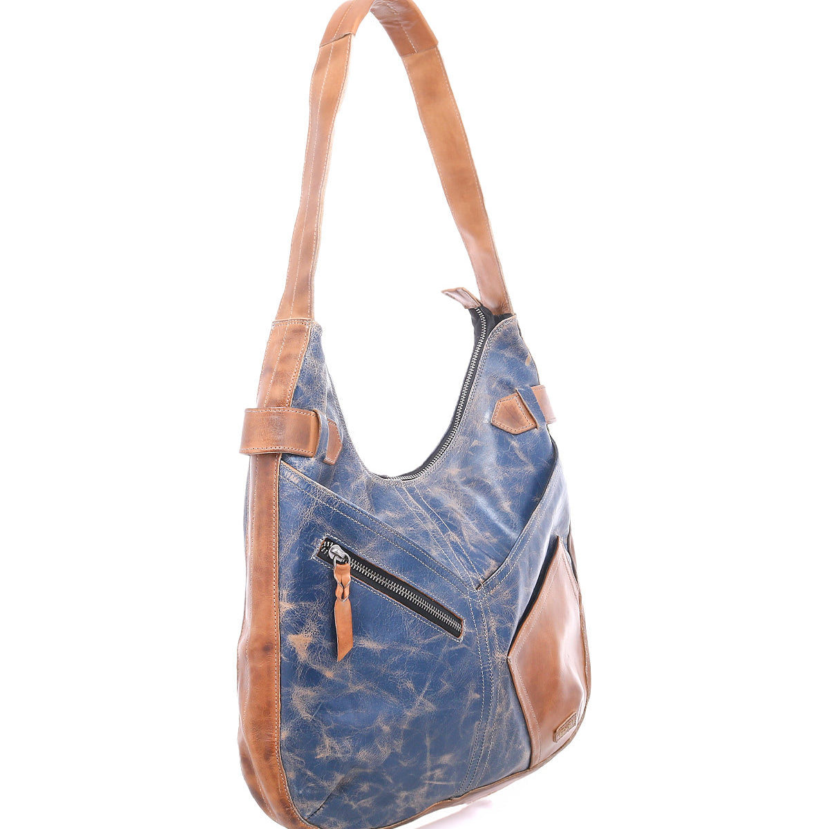 The Bed Stu Argus is a handcrafted leather shoulder bag in distressed blue and brown, with an oversized zippered front pocket and adjustable strap, shown on a white background.