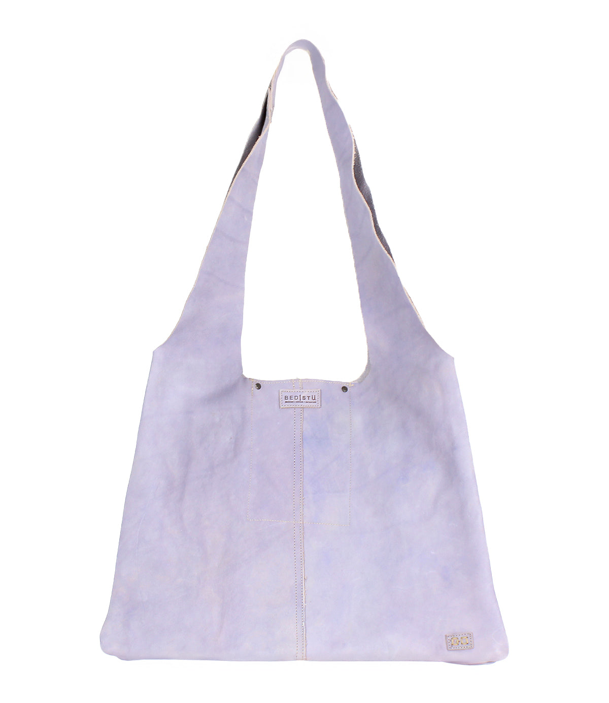 The Ariel II by Bed Stu is a light lavender shoulder bag with two long straps and a label near the top, offering a minimalist tote style. It has a spacious main compartment, ideal for carrying essentials in its lightweight design.