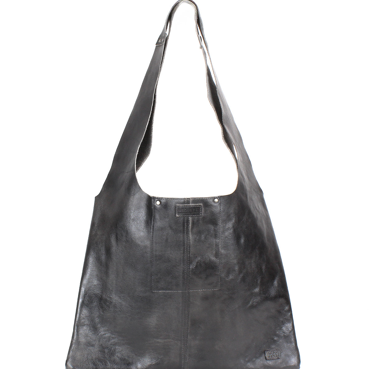 The Ariel II by Bed Stu is a black leather shoulder bag featuring a spacious compartment, wide strap, and sleek, minimalist design.
