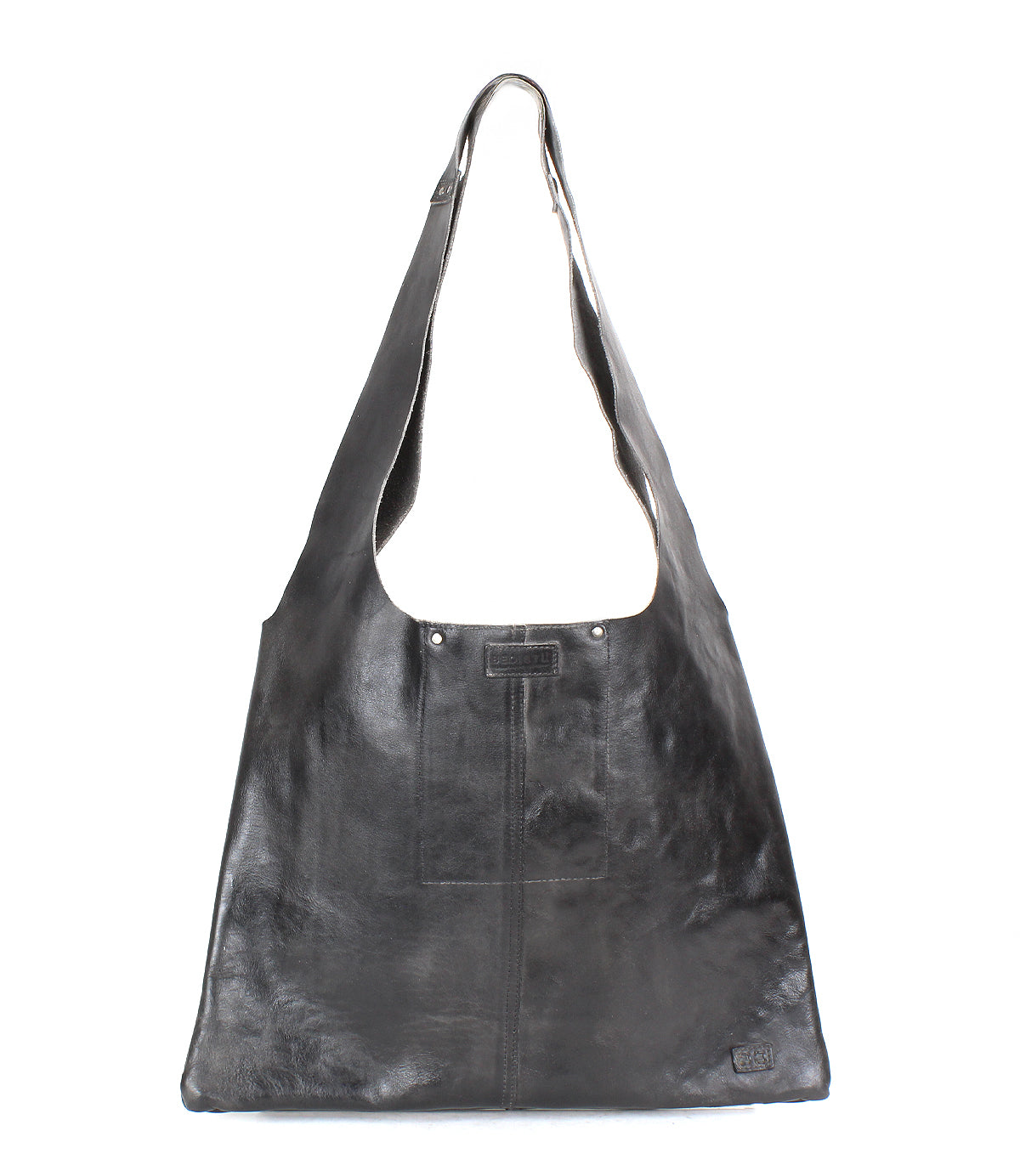 The Ariel II by Bed Stu is a black leather shoulder bag featuring a spacious compartment, wide strap, and sleek, minimalist design.