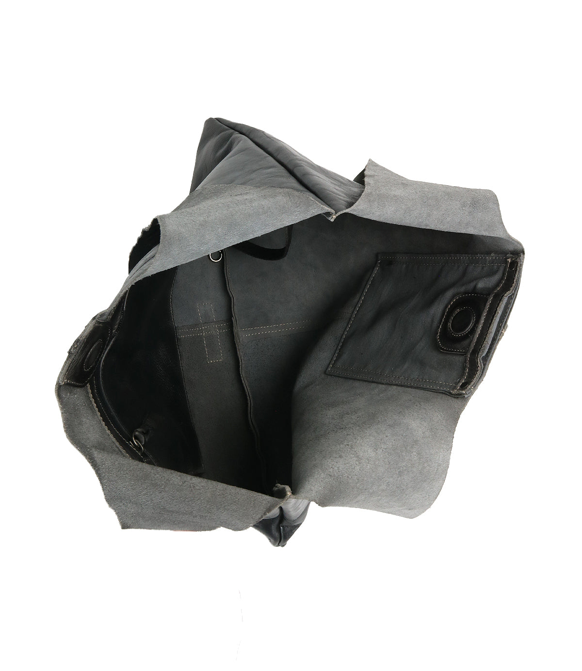Open view of the Ariel II tote by Bed Stu, featuring its empty gray leather form with visible seams and pockets. The spacious main compartment highlights the bag's roomy interior, balancing style with a lightweight design.