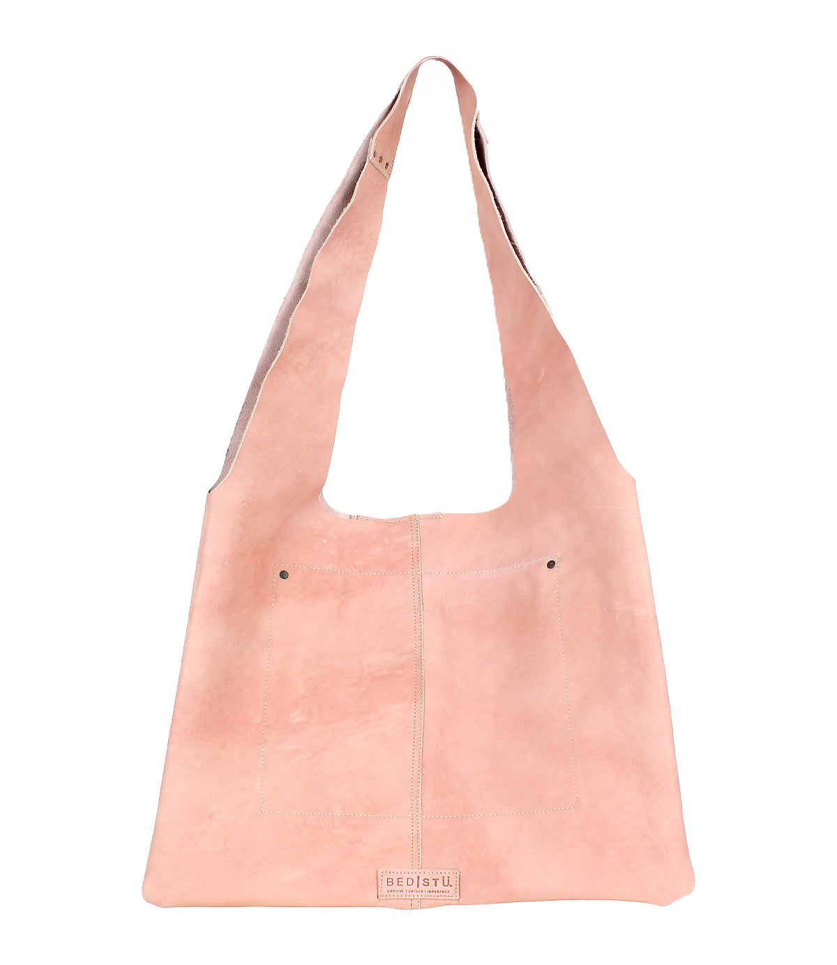 The Ariel II by Bed Stu is a minimalist tote with a light pink leather exterior, lightweight design, single strap, two small front pockets, a spacious main compartment, and the brand logo at the bottom center.