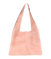 The Ariel II by Bed Stu is a minimalist tote with a light pink leather exterior, lightweight design, single strap, two small front pockets, a spacious main compartment, and the brand logo at the bottom center.