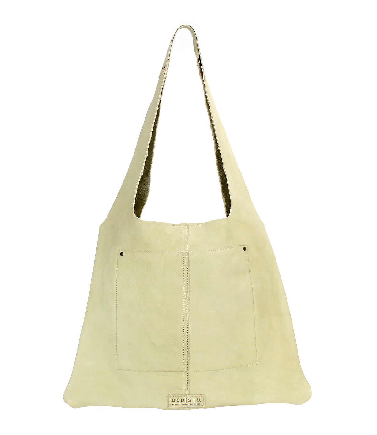 The Ariel II by Bed Stu is a beige leather minimalist tote bag with a wide strap and two front pockets, featuring a lightweight design, set against a plain white background.