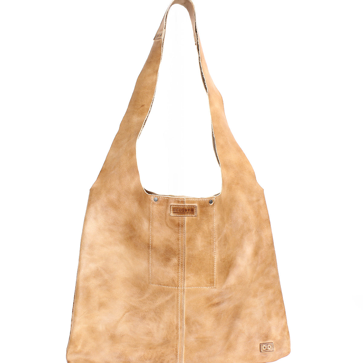 The Ariel II by Bed Stu is a tan leather tote bag with a wide, sloping strap and visible front stitching. It has a spacious compartment, embracing minimalism while prioritizing practicality.