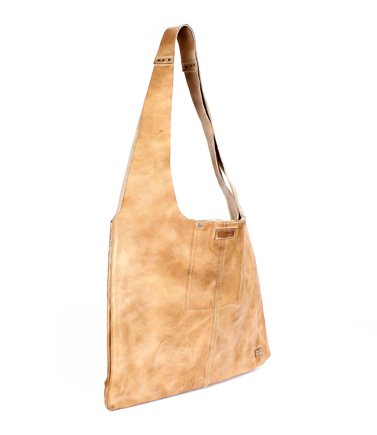 The Ariel II by Bed Stu is a lightweight tan leather shoulder bag with a wide strap and visible stitching. It offers a spacious compartment, maintaining a simple rectangular design and minimalist appeal.