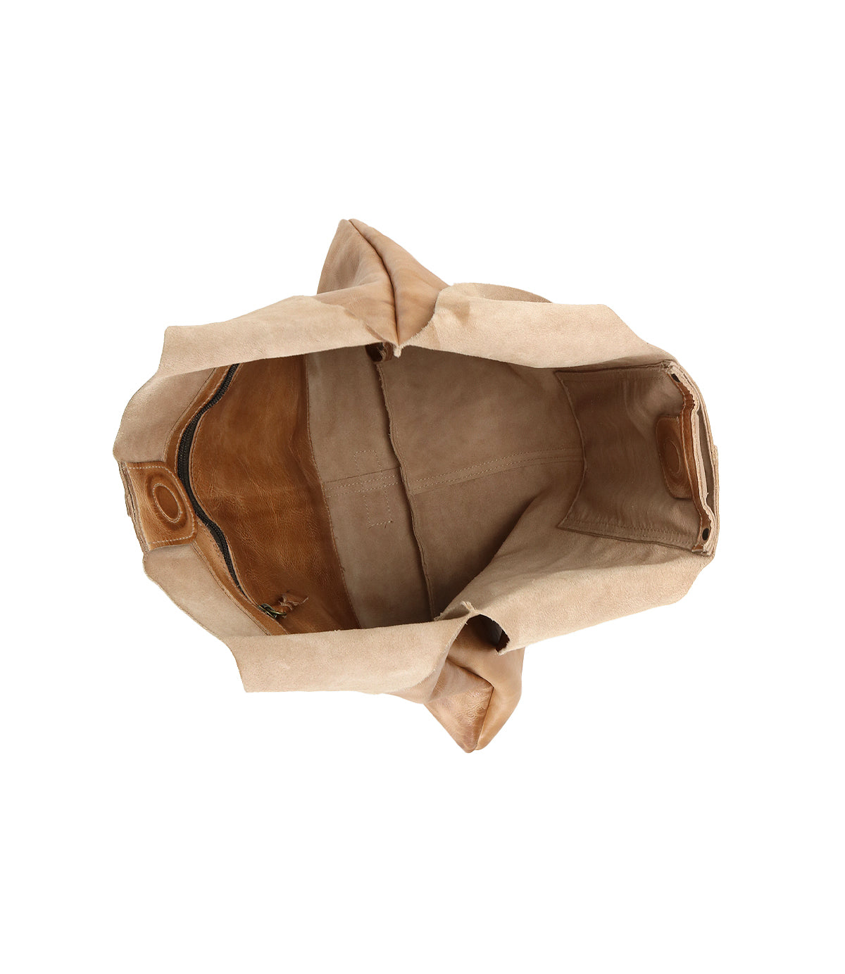 Top view of the open Ariel II tote by Bed Stu, featuring a minimalist beige exterior, brown interior, two side pockets, and a spacious compartment.
