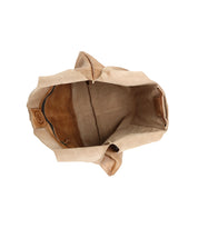 Top view of the open Ariel II tote by Bed Stu, featuring a minimalist beige exterior, brown interior, two side pockets, and a spacious compartment.