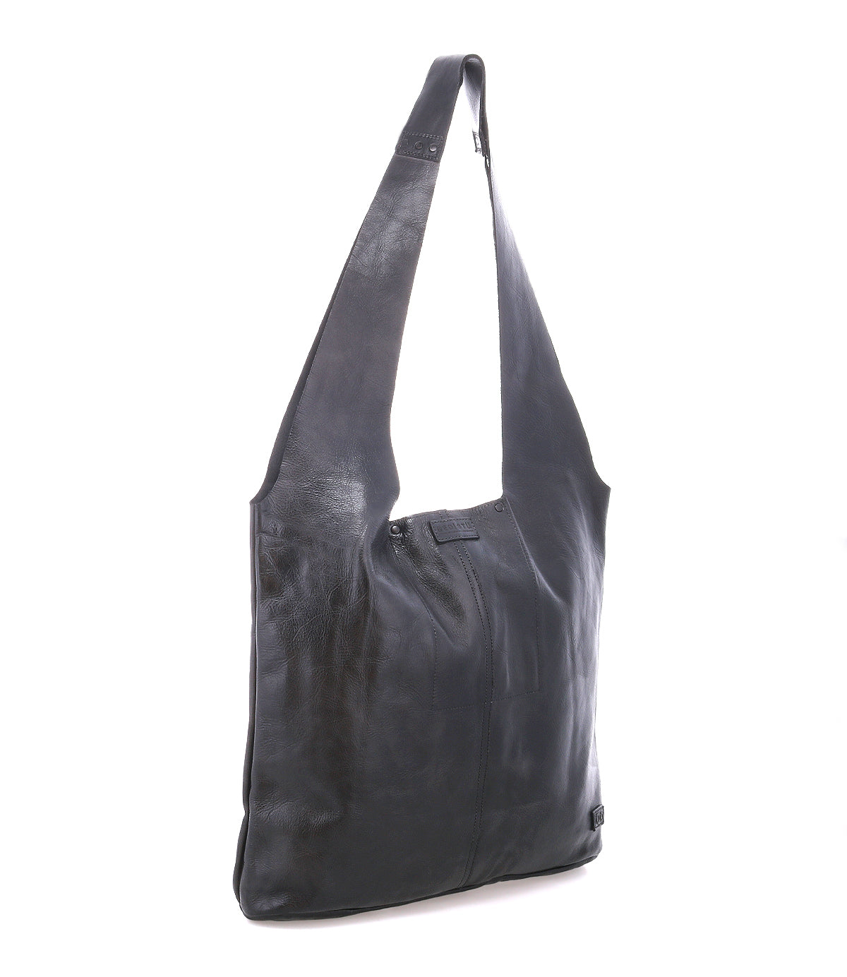The Bed Stu Ariel Max is a black hand-finished leather shoulder bag with a long, wide strap and rectangular shape, featuring a spacious interior. Photographed against a white background.