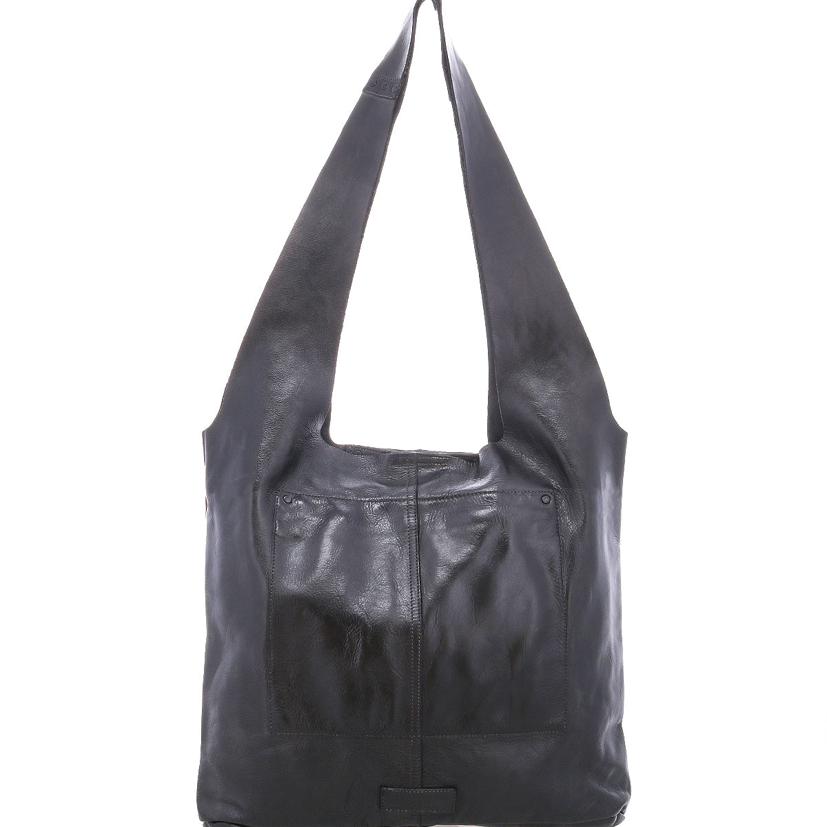 The Bed Stu Ariel Max is a black hand-finished leather shoulder bag featuring wide straps, two front pockets, and a spacious interior, displayed against a white background.