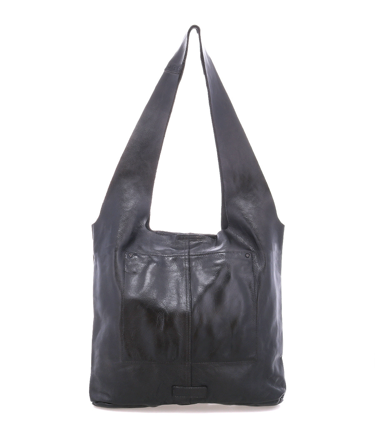The Bed Stu Ariel Max is a black hand-finished leather shoulder bag featuring wide straps, two front pockets, and a spacious interior, displayed against a white background.