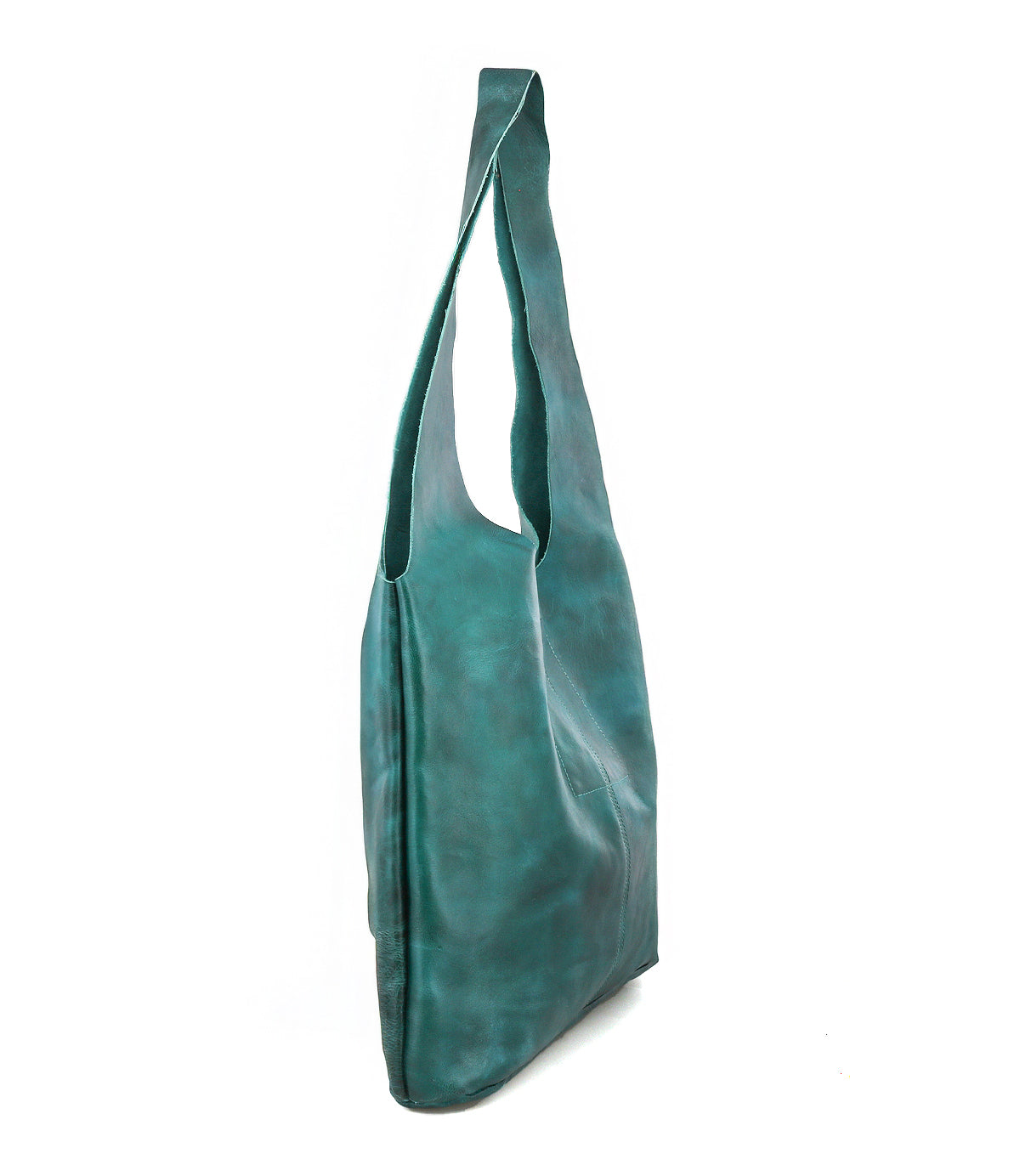 The Ariel Max by Bed Stu is a teal, slouchy oversized tote bag in hand-finished leather with a single wide strap, shown upright against a white background.