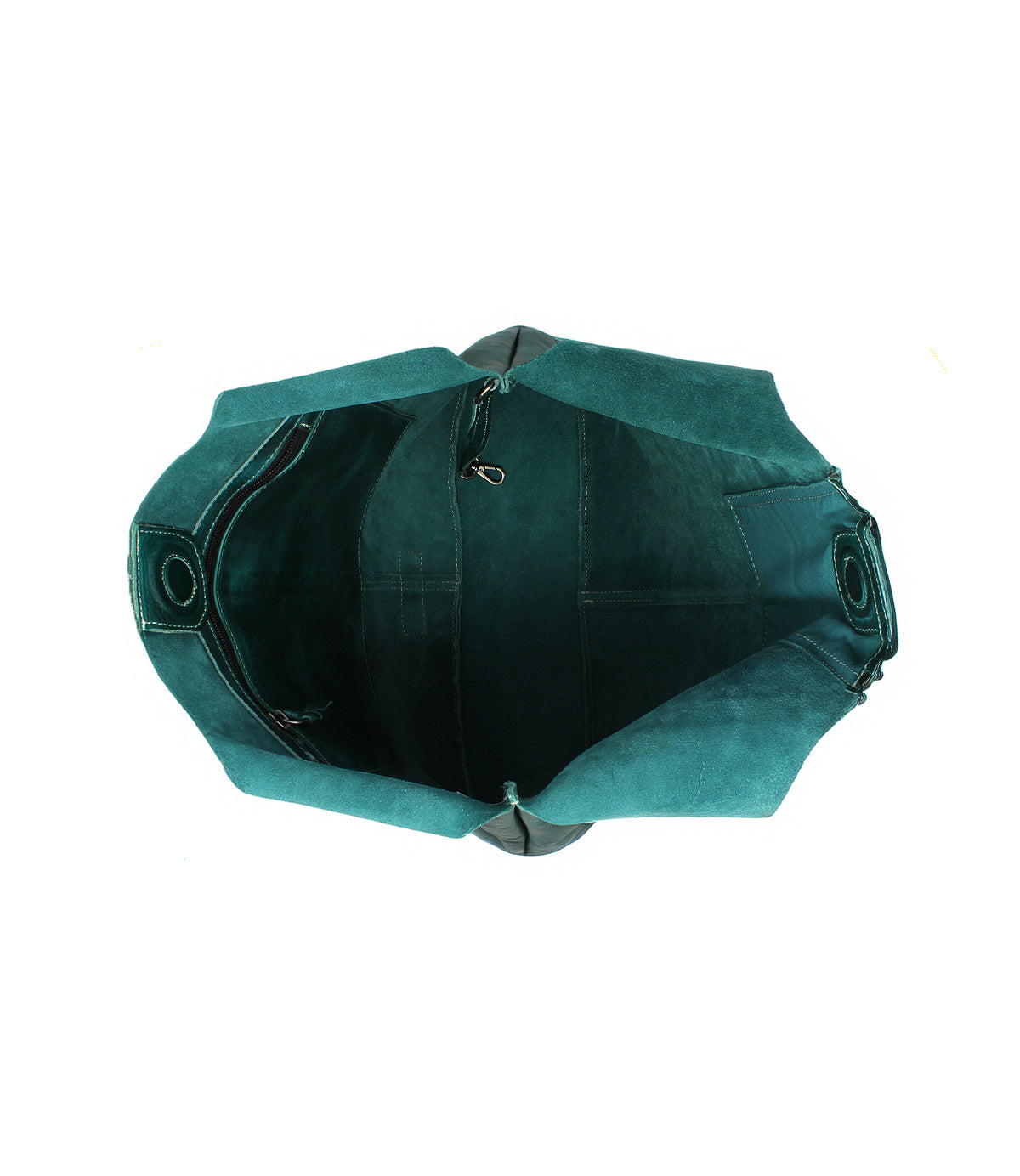 Top view of the Bed Stu Ariel Max in teal suede, featuring a spacious main compartment and small side pockets, with no visible contents.