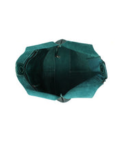 Top view of the Bed Stu Ariel Max in teal suede, featuring a spacious main compartment and small side pockets, with no visible contents.