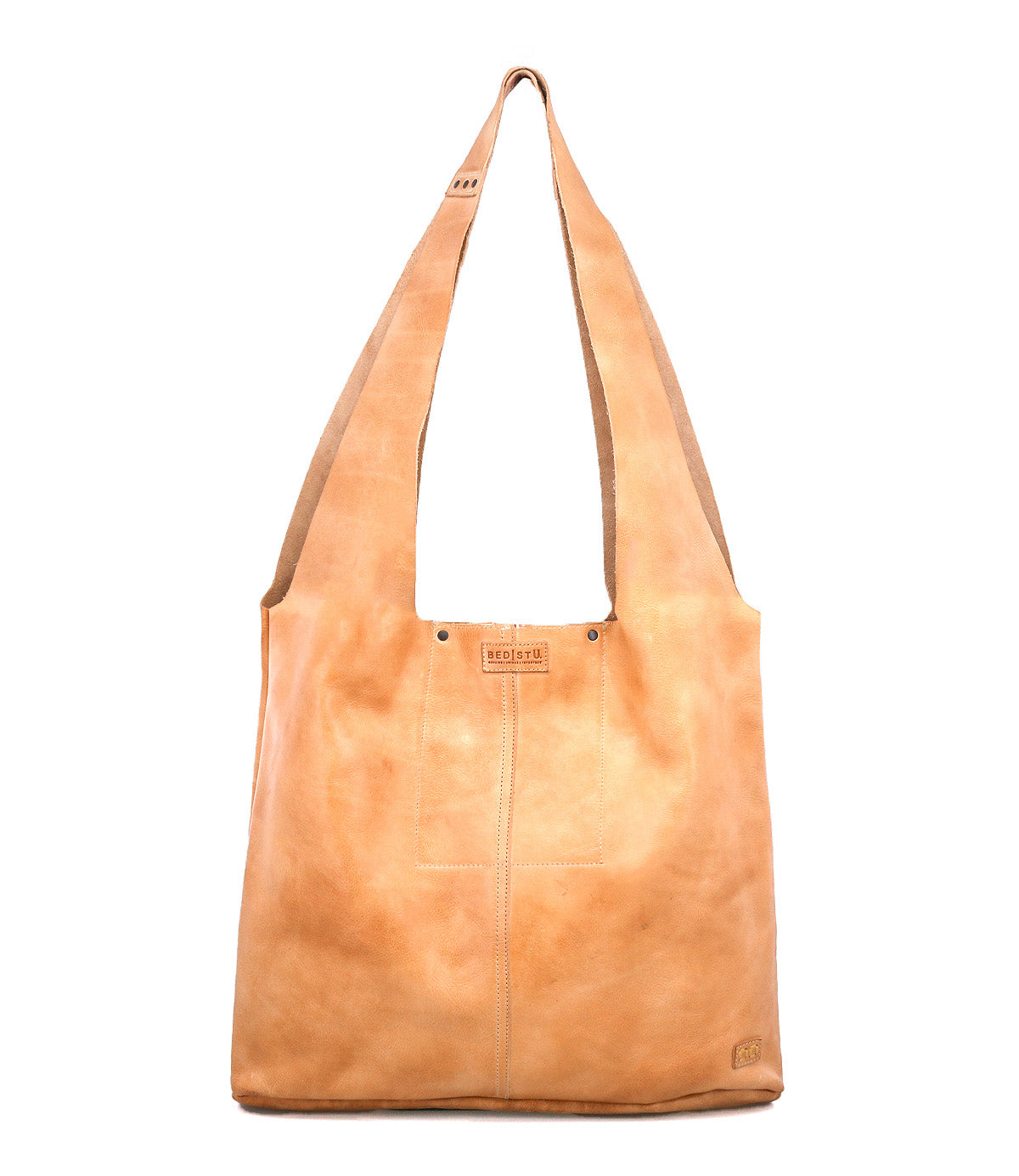 The Bed Stu Ariel Max is a tan hand-finished leather shoulder bag with a wide strap and visible stitching, shown against a white background.