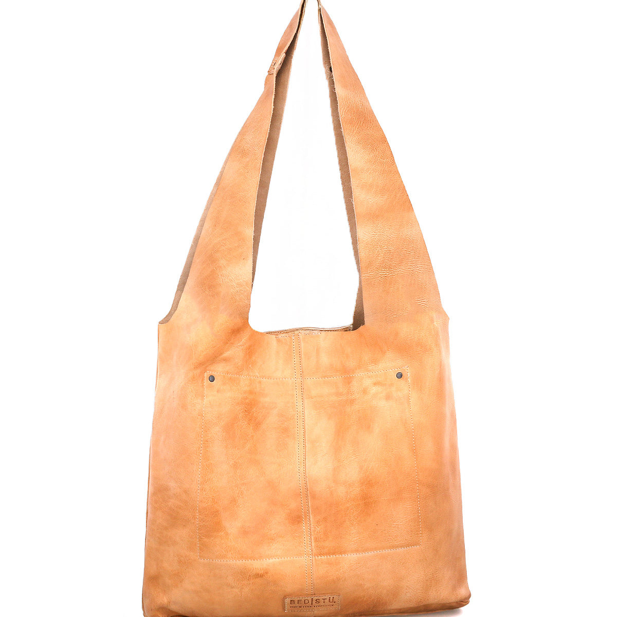 The Ariel Max by Bed Stu is a large, hand-finished leather shoulder bag with a wide strap, front pocket, and visible stitching, shown upright on a white background—an artisanal everyday accessory.