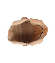 Top view of the Bed Stu Ariel Max artisan bag in tan suede, featuring an unlined interior with a central divider, zippered pocket, and visible edge stitching.