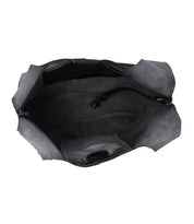 Top view of the Bed Stu Ariel Mid, an empty black artisanal leather bag featuring a spacious interior, inner pockets, and a strap with clasp attachment—designed for everyday function.