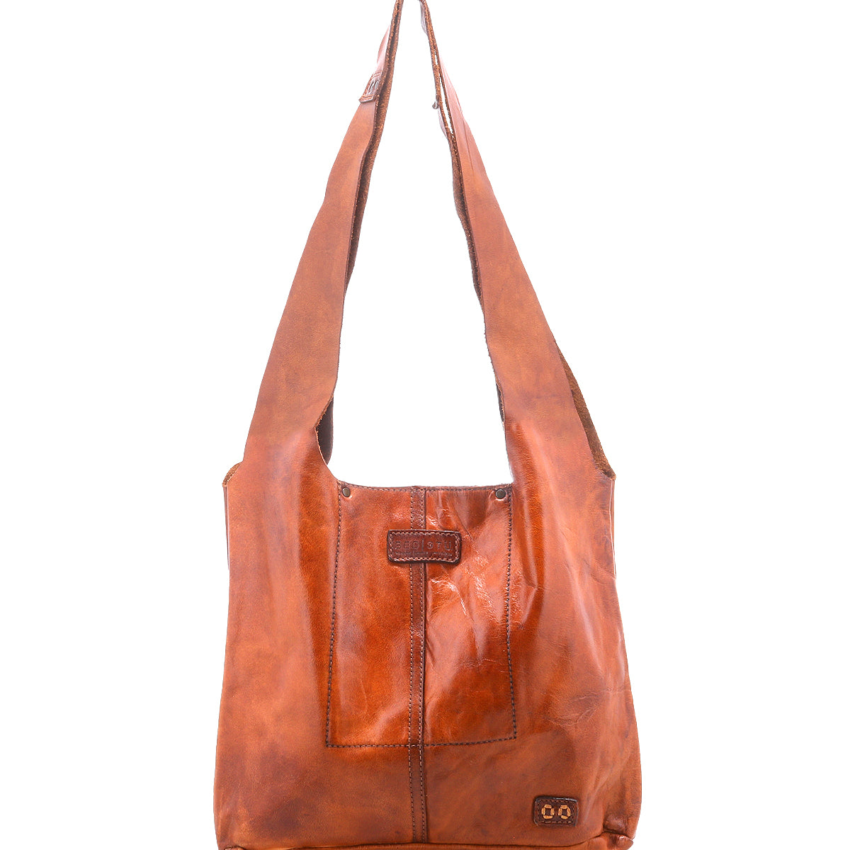The Bed Stu Ariel Mid is a brown artisanal handbag crafted from full-grain leather, featuring a wide strap, rectangular shape, and visible front stitching.