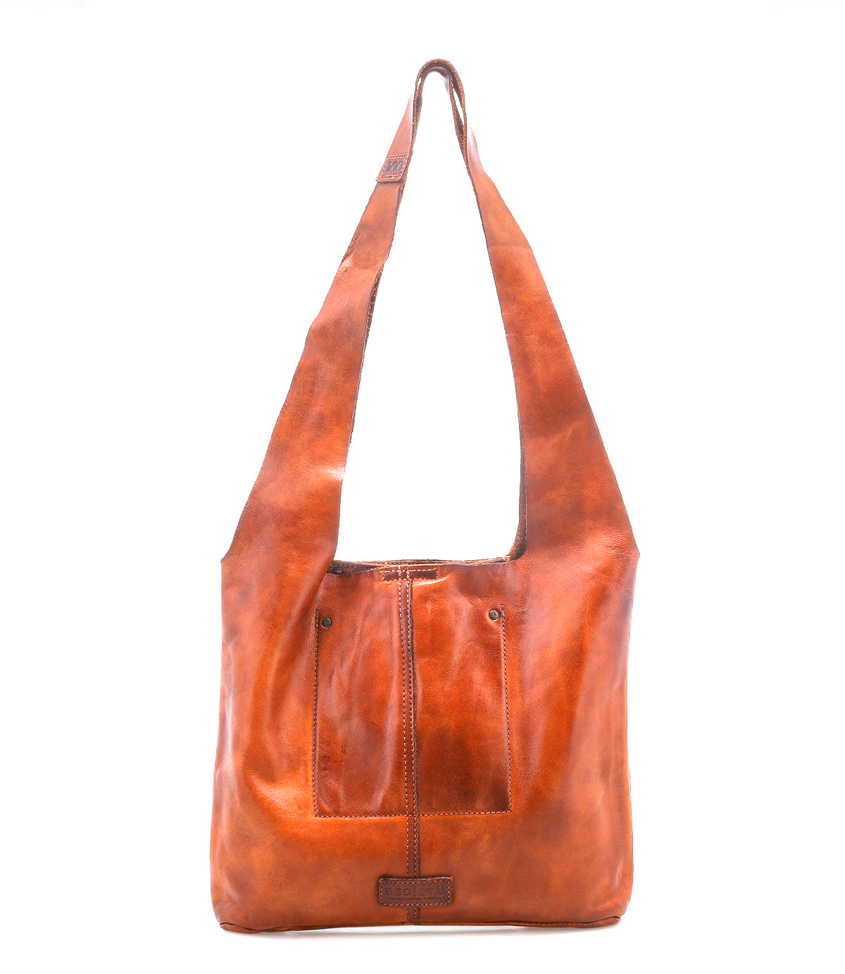 The Bed Stu Ariel Mid is a brown artisanal handbag made from full-grain leather with a wide strap, two front pockets, and visible stitching, shown against a white background.