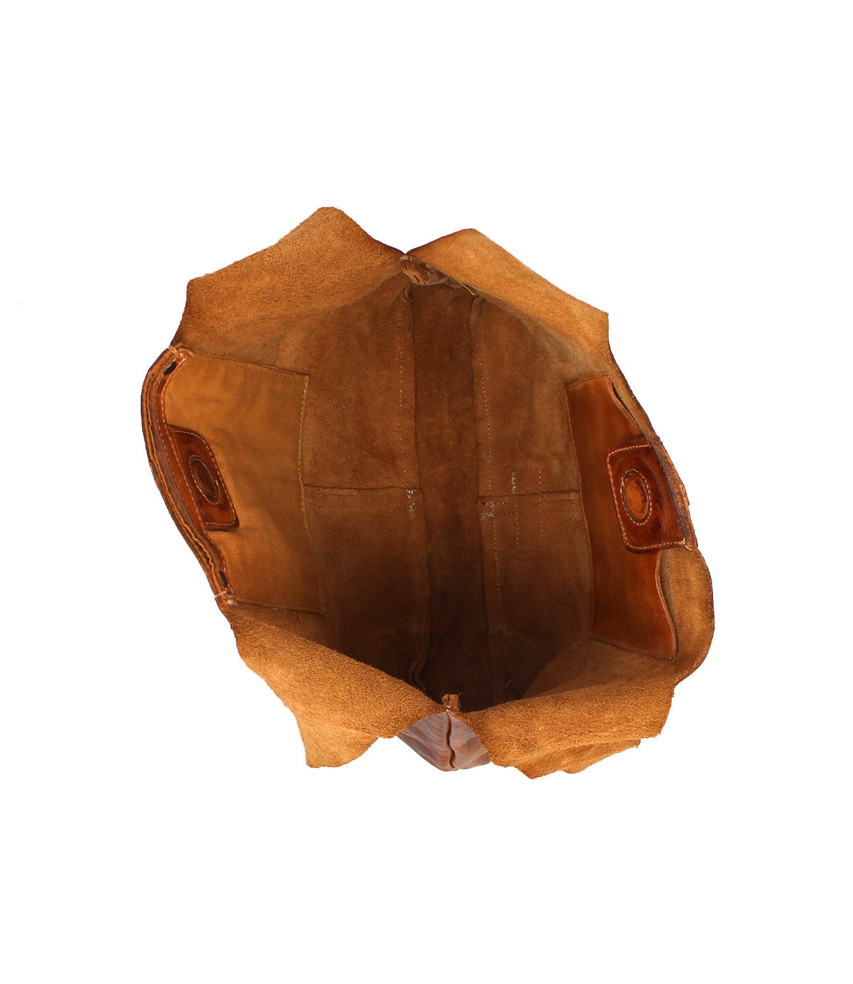 Top view of the Bed Stu Ariel Mid, an empty artisanal leather bag featuring a suede interior, visible side pockets, and a magnetic closure for everyday use.