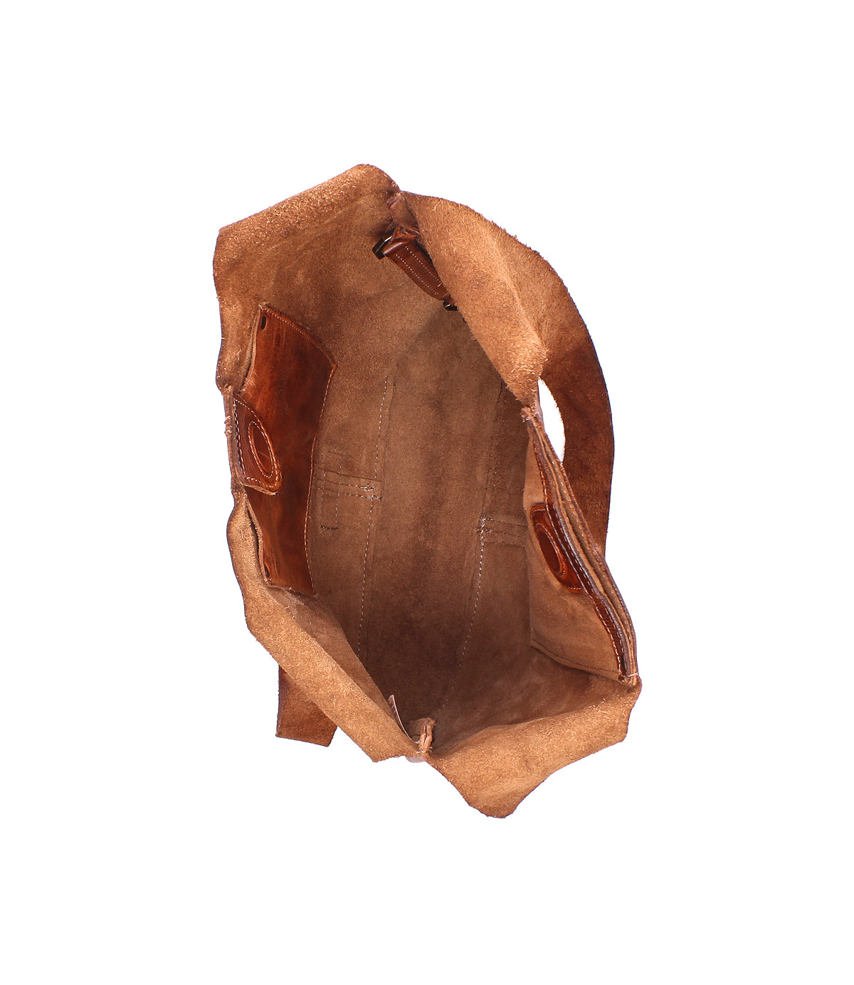 Top view of the Bed Stu Ariel Mid artisanal handbag in brown suede, highlighting visible inner pockets and an unlined interior.