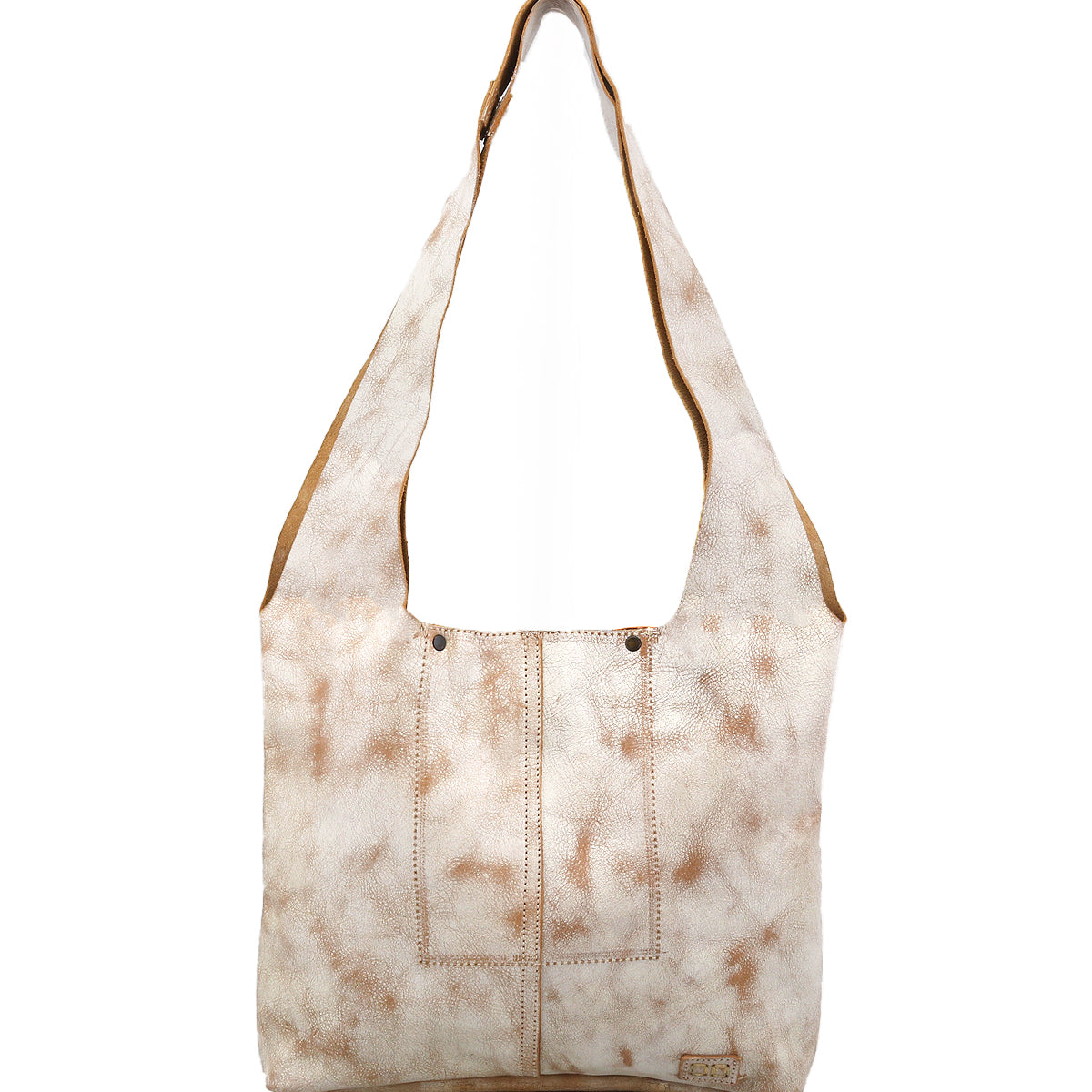 The Bed Stu Ariel Mid is a large tan and white tie-dye shoulder bag with two front pockets, a wide strap, and a magnetic closure, shown against a white background.