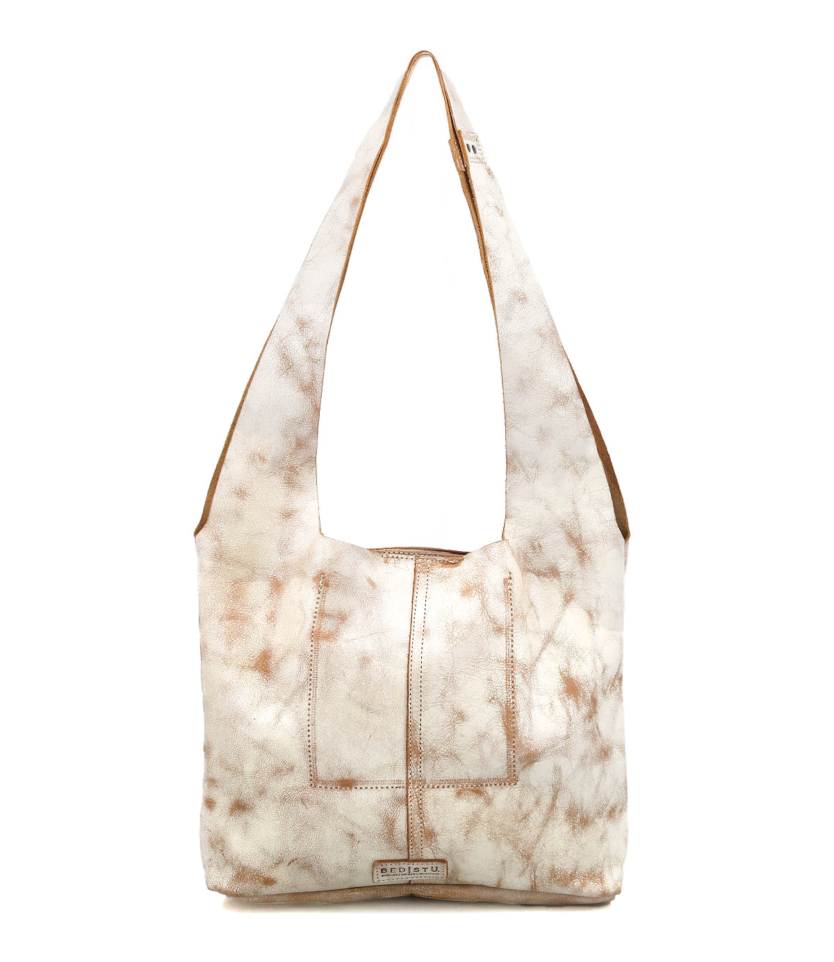 The Bed Stu Ariel Mid is a large artisanal leather bag in a brown and white marbled pattern, featuring a wide strap, two front pockets, and a magnetic closure for functional everyday use.