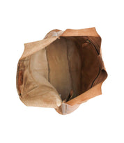 Top view of the Bed Stu Ariel EM limited edition tan leather bag with empty interior and suede lining—ideal as a minimalist bag or lightweight tote.