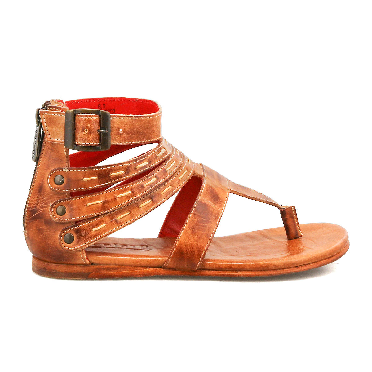 The Bed Stu Artemis II is a brown leather gladiator sandal with multiple straps, an ankle strap, side buckle, decorative stitching, and metal rivet accents, shown in a side profile view.
